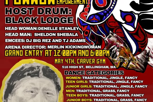 Powwow poster, with bold text and mixed media illustrations of two native Americans