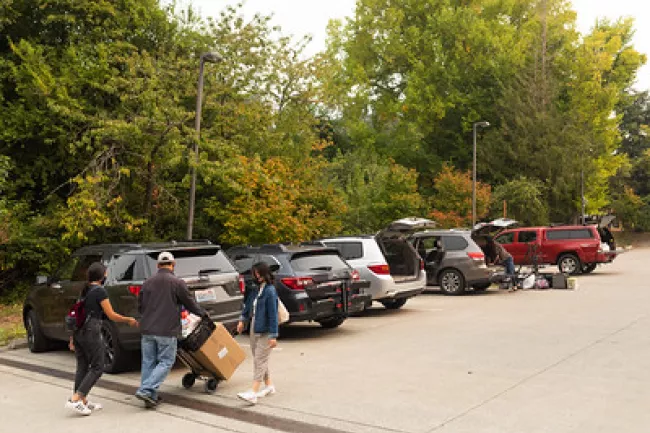 Cars parked near dorms