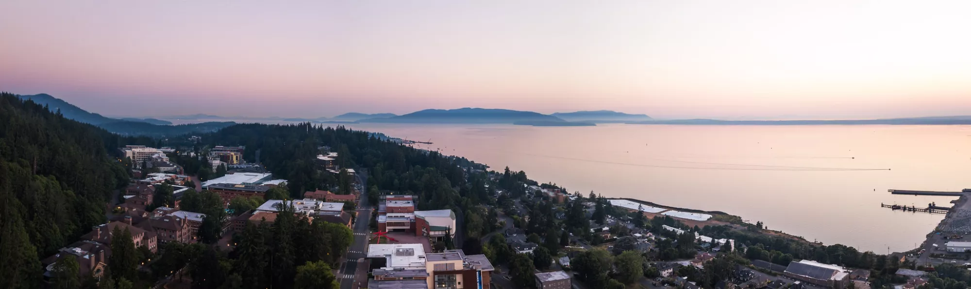 sunset aerial of Bellingham Bay