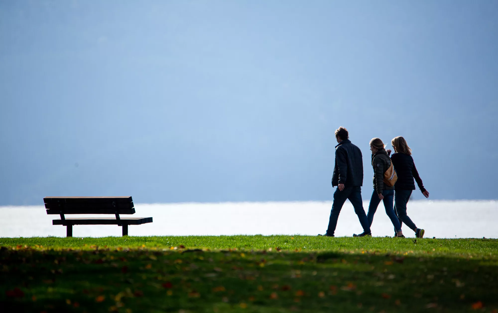 Students walking along the shoreline near a bunch.