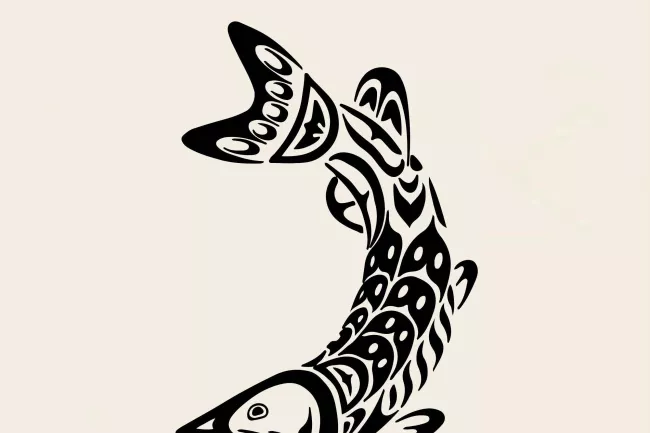 A wood block print of a salmon and the text 50th Anniversary Boldt Decision Panel