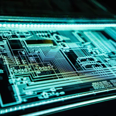 A neon turquoise circuit board