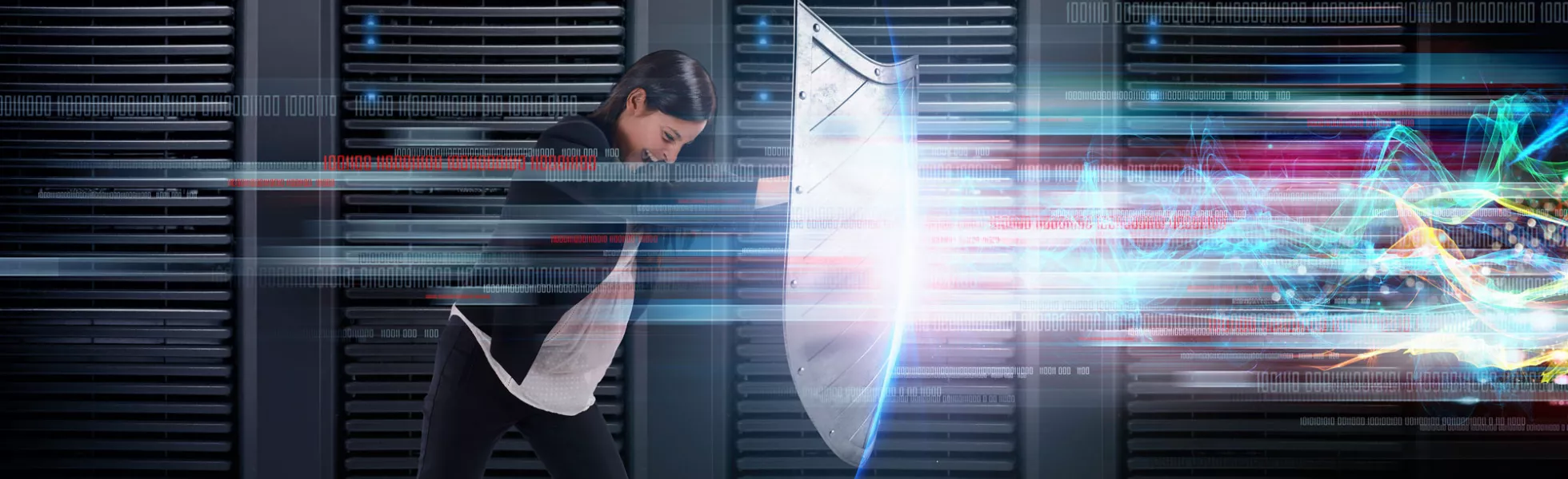 In a server stack, a person holds up a large shield to hold off a metaphorical cyberattack
