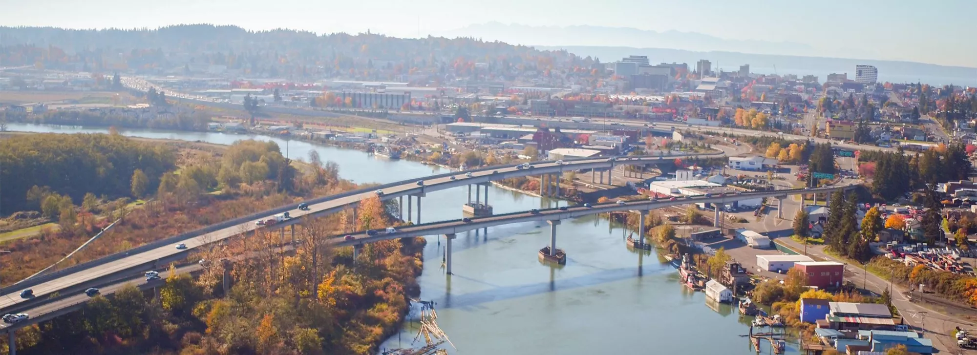 An overhead view of the city of Everett, including a cityscape and bridge