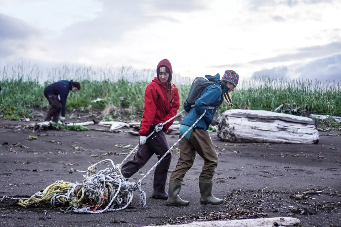 Scientists drag debris along a beach.