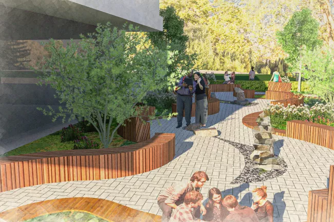 Artists rendering of Healing Garden from heightened perspective showing 'S' shaped walkway of brick and an inlayed dolphin shape with wood benches.