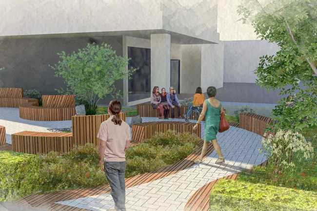 Artists rendering of Healing Garden from side perspective showing 'S' shaped cobblestone path thru shrubbery and trees with wood benches for visitors.