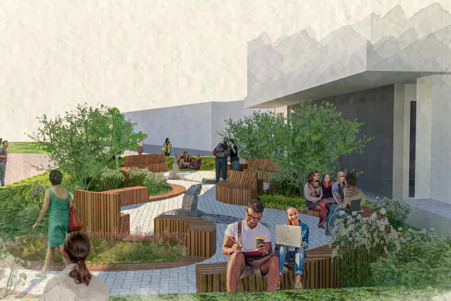 Artists rendering of Healing Garden from normal height perspective.  Shows an 'S' shaped cobblestone walkway thru shrubbery and tress with adults and adolescents.  