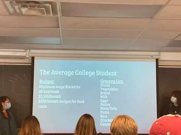 A presentation slide details the average college student's budget and a sample grocery list.