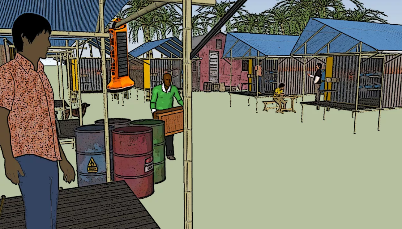 A bamboo village shelter design for Haiti hurricane relief. Bamboo and corrugated steel structures with people doing various tasks.