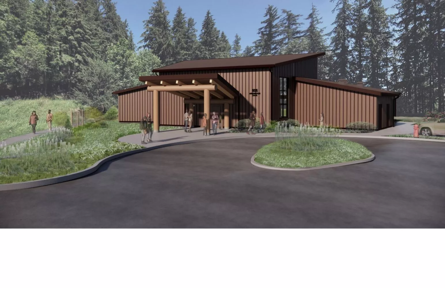 3D rendering of the Coast Salish Style longhouse showing tall timbers flanking an entry door and two low slung roofs projecting from each side of a taller central structure.