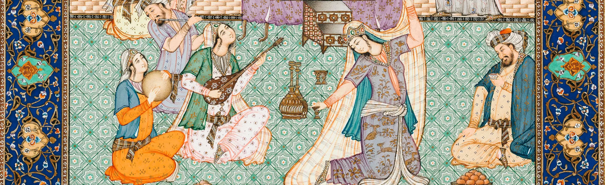 Brightly colored painting of an ancient Persian court depicting musicians and dancers.