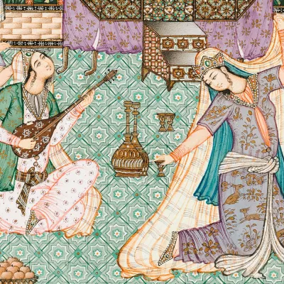 Brightly colored painting of an ancient Persian court depicting musicians and dancers.