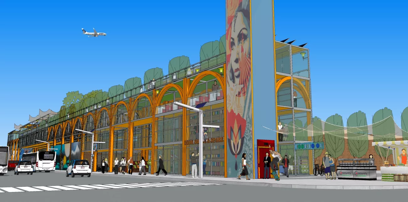 A digital rendering of a designed building on a street corner.