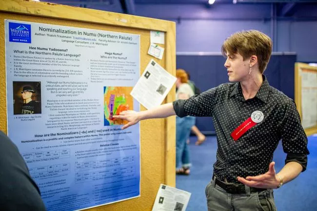 A person presents a linguistics poster on "Nominalization in Numu" at a conference.