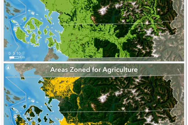 Two maps compare suitable soil areas (green) to agricultural zones (yellow) in a coastal region.  A scale in kilometers is provided.