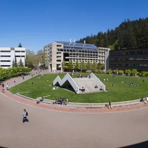 students walking around lawn with stair sculpture in center
