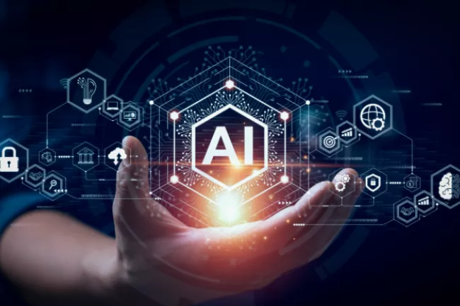 A person interacts with a futuristic AI hologram featuring various tech icons, highlighting security and innovation.
