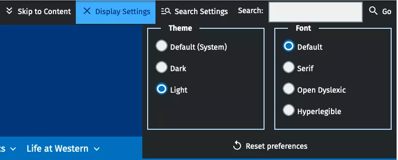 The display settings menu is open, covering a part of the site's header.
