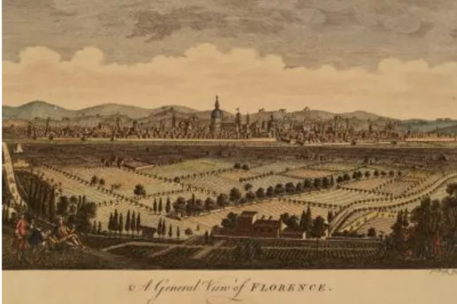 Historical illustration of Florence with fields in the foreground and the cityscape in the background.