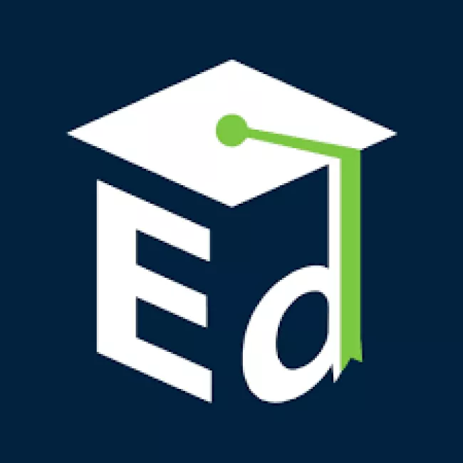 A blue sided square with the capital letter E on one face and the lowercase letter d on the adjacent face. The top of the square is white and there is a green graduation tassel hanging from it.