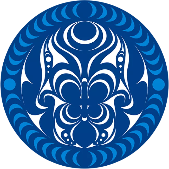 Tribal Relations Symbol: Dark blue semi-abstracted human figure surrounded by lighter blue crescent shapes