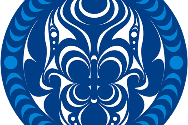 Tribal Relations Symbol: Dark blue semi-abstracted human figure surrounded by lighter blue crescent shapes